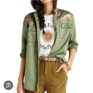 ANTHROPOLOGIE Army Green Sequined Cargo Button Down Shirt